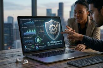 A close-up photograph of a professional team in a city office at dusk, collaborating in a huddle over a laptop screen. The screen is open, displaying a complex, fully-detailed cybersecurity and system performance dashboard with clear text and graphs, including the "Beaconsoft Optimized" branding and panels like "CPU USAGE (GHz)" and "STORAGE LATENCY (ms)". A focused Black woman and a South Asian man are leaning in closely, with their hands gesturing toward and pointing at different parts of the screen content, showing a high level of collaborative interaction. The cityscape is visible through a large window behind them.