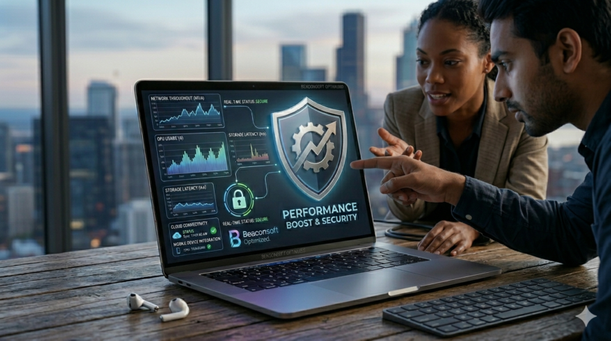 A close-up photograph of a professional team in a city office at dusk, collaborating in a huddle over a laptop screen. The screen is open, displaying a complex, fully-detailed cybersecurity and system performance dashboard with clear text and graphs, including the "Beaconsoft Optimized" branding and panels like "CPU USAGE (GHz)" and "STORAGE LATENCY (ms)". A focused Black woman and a South Asian man are leaning in closely, with their hands gesturing toward and pointing at different parts of the screen content, showing a high level of collaborative interaction. The cityscape is visible through a large window behind them.
