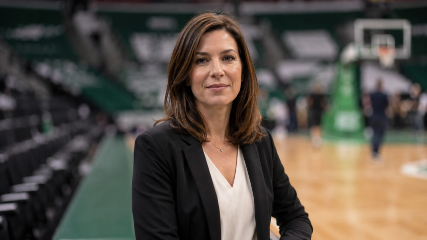 Kathleen Nimmo Lynch inspired professional woman standing inside a basketball arena with a blurred court background